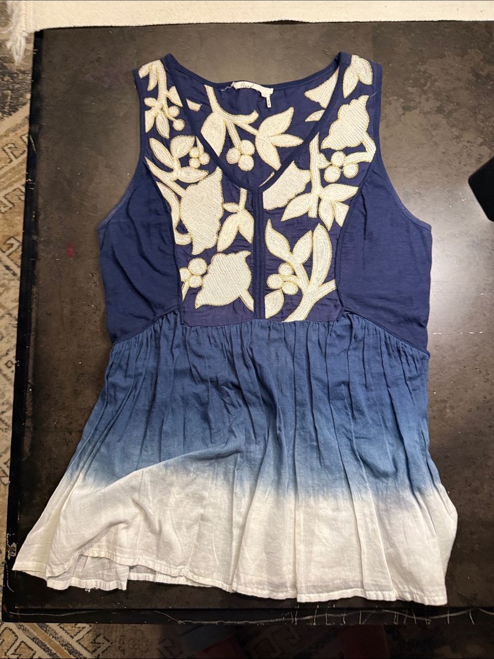 Anthropologie Navy Sleeveless Tunic with Cream Floral Appliqué
